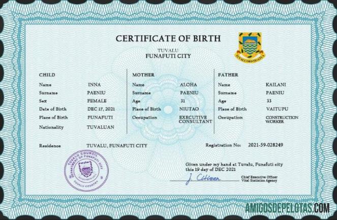 Para baixar modelo PSD de certidão de nascimento de registro vital de Tuvalu